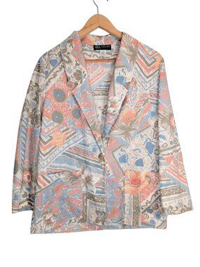 Block Island Petites Womens 8P Vintage 90s Blazer Jacket Padded Shoulder Linen B